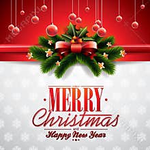 Vector Christmas illustration with ribbon and shiny holiday elements on red background