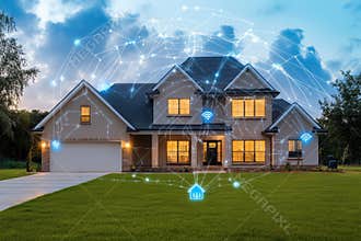 Smart home technology connecting devices in a suburban neighborhood at dusk