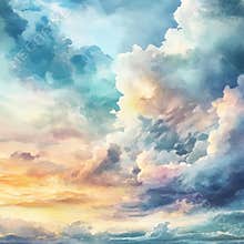 A painting of a cloudy sky with a sunset in the background