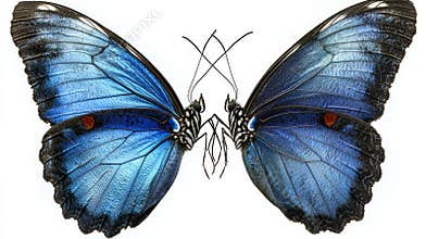 Stunning menelaus blue morpho butterfly features brilliant iridescent blue wings adorned intricate dark patterns. It is