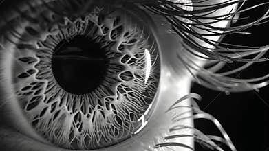 This close-up depicts the mesmerizing detail of a human eye, highlighting the unique patterns of the iris and the delicate