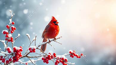Northern cardinal perching on snowy branch with red berries in winter