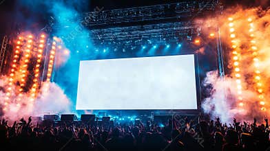 A white mockup billboard with no content displays a banner on a white background. A projector screen exhibits a picture