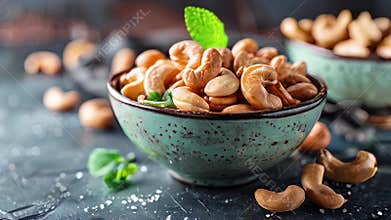 Roasted salted cashew nuts in clay plate