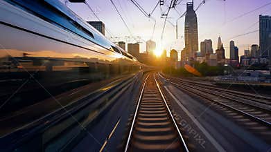 A high-speed train rushes past the business district of a large city at dawn.