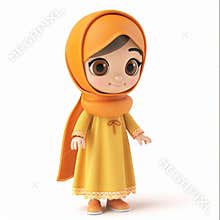 A cute Muslim girl in vibrant orange dress and matching hijab, radiating joy