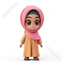 A cute Muslim girl in pink hijab and orange dress, radiating joy