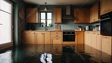 flooded floor in the kitchen from a water leak. Damage Property