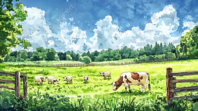 Watercolor Illustration of Cows Grazing in Lush Pasture Under Blue Sky and Clouds