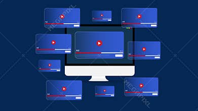 Video ads floating around the computer screen in blue color, digital advertising concept backdrop. Conversions, ads, Roi and
