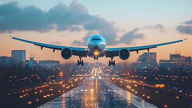 Airplane Landing at Sunset Over City Lights