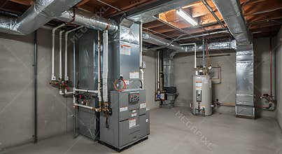 Modern Basement HVAC System: Furnace, Hot Water Heater, & Ductwork