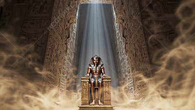 Golden anubis statue sitting regal on throne, ancient temple interior bathed in dramatic light, dust particles dancing