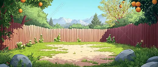 A wooden fence encloses a colorful backyard filled with green bushes and flowering fruit trees. A stone path meanders