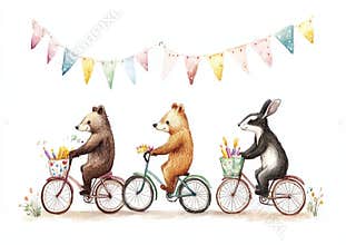 Charming artwork featuring adorable hand-drawn watercolor animals riding bikes and balloons. A birthday celebration with