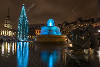 Night view of Trafalgar Square with christmas tree