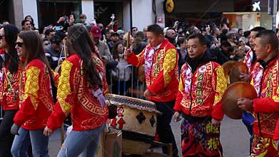 Happy Chinese New Year. 2025. Chinese lion dance performance on the streets.