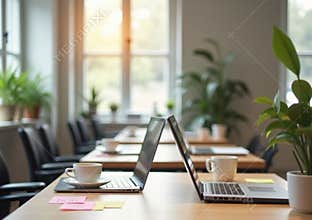 Modern Workspace with Laptop and Notes on Desk, Natural Lighting and Productive Atmosphere
