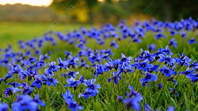 Field of vibrant blue violets blooming in lush green meadow, nature beauty concept