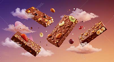 Surreal Chocolate Fruit Nut Bars Floating on Clouds at Sunset