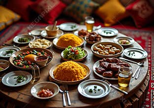 Traditional Middle Eastern Dishes for Iftar - Ramadan Dishes with Rice, Grilled Meat and Salad