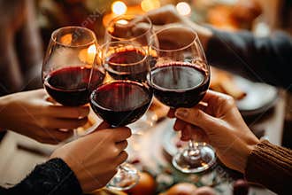 Friends clinking wine glasses at a dining table filled with food and autumn decorations, celebrating a dinner party or