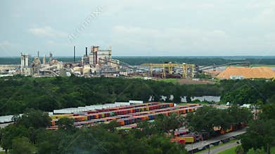 Industrial factory freight site with cargo container yard at Brunswick cellulose and paper plant in Georgia, USA