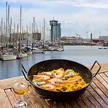 Seafood paella in seaside cafe, Barcelona