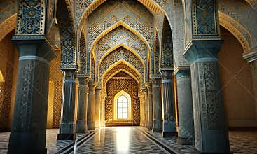Ornate mosque interior, sunlit hallway, arched ceilings, patterned columns