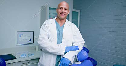 Confident Male Dentist Smiles in Modern Dental Office, Ready to Provide Healthcare and Oral Hygiene