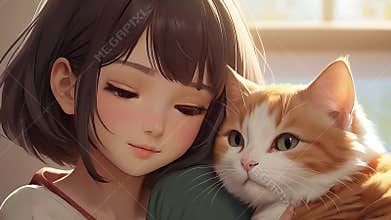Lofi Anime Girl Blushing and Hugging Cat in Cozy