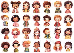 Cartoon kids portraites clipart, cute little children, isolated watercolour illustration, happy kids faces set