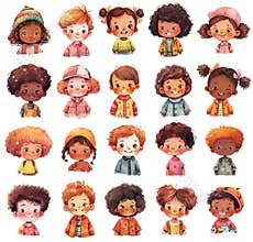 Happy cartoon kids heads set, multinational smiling children faces, isolaed boys and girls avatars, kids emotions
