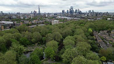 4K drone view captures skyscrapers, The Shard and Tower Bridge, London, UK
