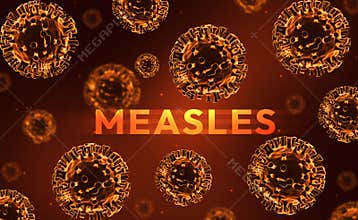 Measles disease outbreak concept design with orange and yellow virus along glowing typography. Measles virus, health