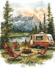 Campers enjoy a peaceful evening by the lake with a stunning sunset view