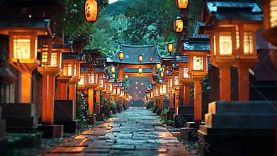 Lanterns illuminating a serene Japanese cemetery during Obon festivities