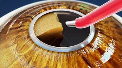 Cataract surgery. Complete surgical procedure with artificial lens implanted in the eye.