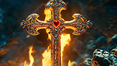 Glowing cross of light emerges from the darkness, illuminating the ancient secret of faith and hope in a mystical
