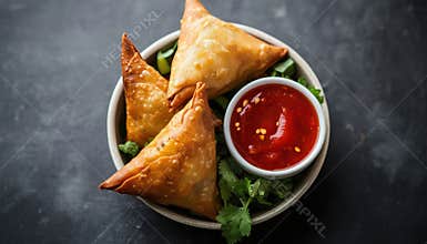 Top View Of Crispy Chicken And Vegetable Samosa With Chilli Sauce And Tomato Ketchup Served In A