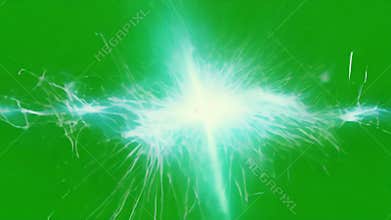 Sparkles of static energy crackle and flicker creating dynamic patterns like fireworks on a verdant field. Green screen