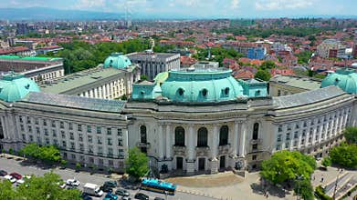 Aerial view of capital of Bulgaria, Sofia. Iconic building of the world-famous Sofia University Saint Kliment Ohridski