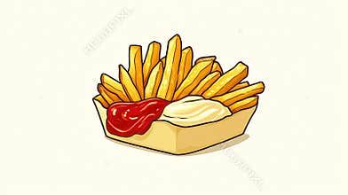 French fries in a cardboard container with ketchup and mayonnaise