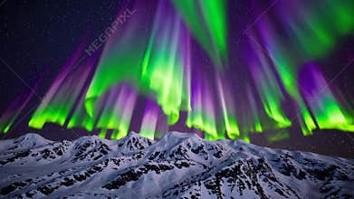 Northern lights over snowy mountain landscape, night sky phenomenon. Natural beauty and atmospheric science concept