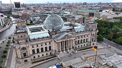 Reichstag (Bundestag) - German Parliament Building with Dome and Berlin Cityscape at the Background, Germany,