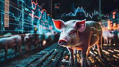 A conceptual image of pigs in a market setting, with floating graphs representing market dynamics