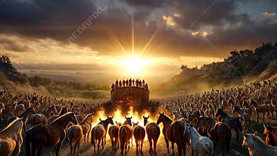 A cinematic depiction of Noah’s Ark with crowds of animals gathered under a dramatic sunset sky. 4k Video footage