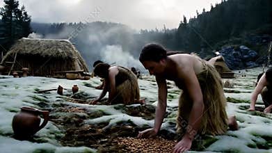 Early Neolithic Farmers in Northern Europe, 3500 BCE, Cultivating Frosty Fields with Primitive Tools, Rugged Landscape