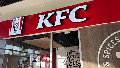 Ukraine, Kyiv 02.17.2025 restaurant fast food KFC logo entrance