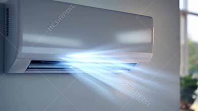 Modern slim air conditioner with cool fresh blue moving stream in living room. Summer cooling system installation